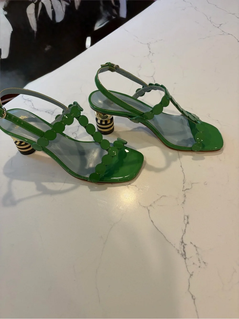 Frances Valentine Glossy Emerald Green T-Strap Sandals